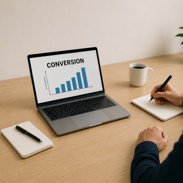 Laptop met conversiegrafiek op bureau, illustratie van het belang van SEO-teksten en content die websiteconversies verhoogt.
