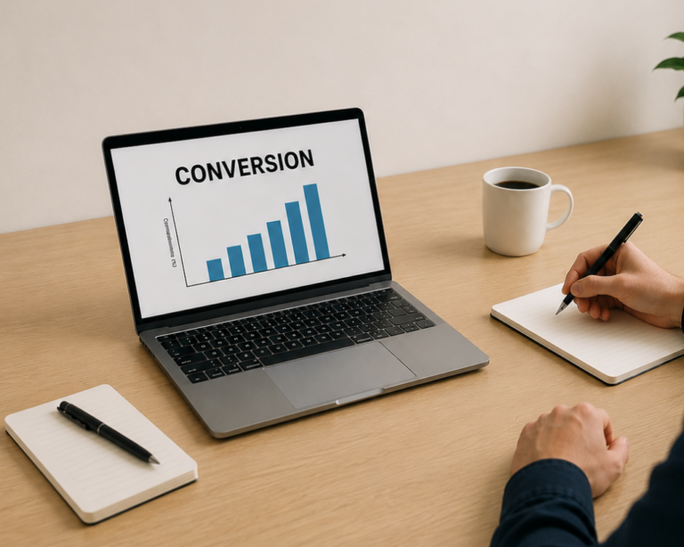 Ontwerp zonder titel (13) Laptop met conversiegrafiek op bureau, illustratie van het belang van SEO-teksten en content die websiteconversies verhoogt.